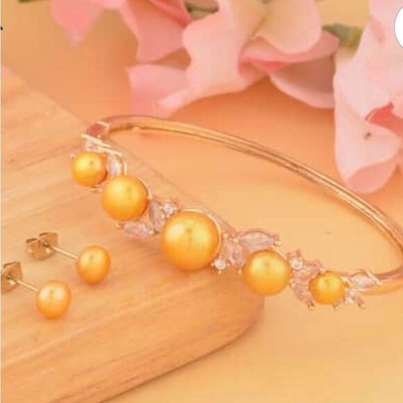 Golden Freshwater Pearl Bangle Bracelet and Earrings in Ion Plated Yellow Gold - Picture 1 of 4
